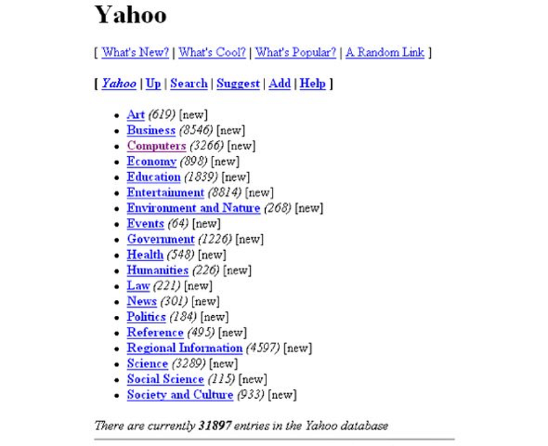 Yahoo directory homepage from the 1990s
