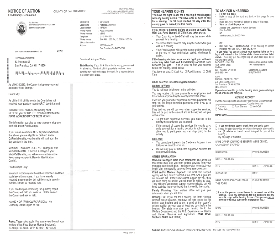 Dense CalFresh benefits notice letter