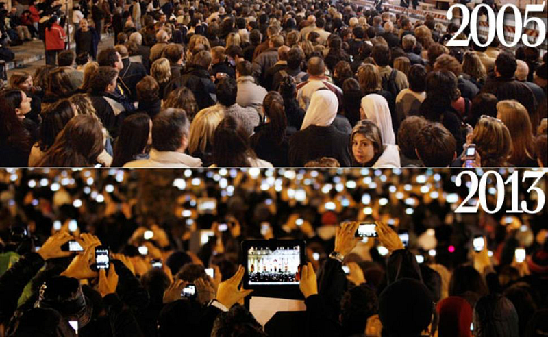Crowds in St. Peter's Square in 2005 and 2013, the latter full of glowing phones