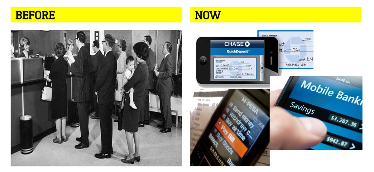 Before and now: bank queues versus mobile banking