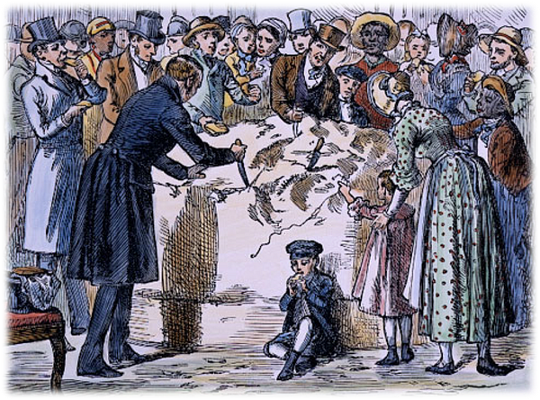 Nineteenth-century engraving of townspeople gathered around a map