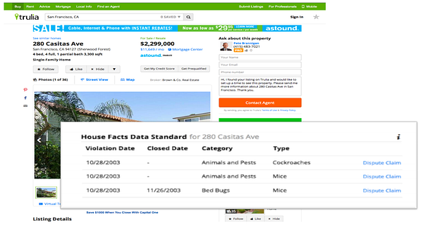 Trulia listing with a House Facts panel showing past code violations