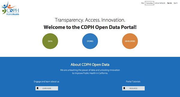 California Department of Public Health open data portal homepage