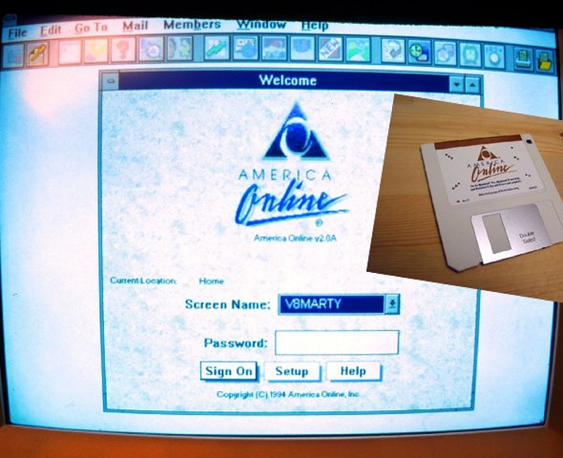 America Online sign-on screen on an old CRT monitor