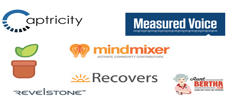 Civic startup logos: Captricity, Measured Voice, MindMixer, Recovers, Revelstone and Aunt Bertha