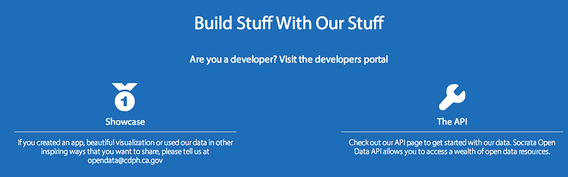 "Build stuff with our stuff" developer section of the CDPH portal