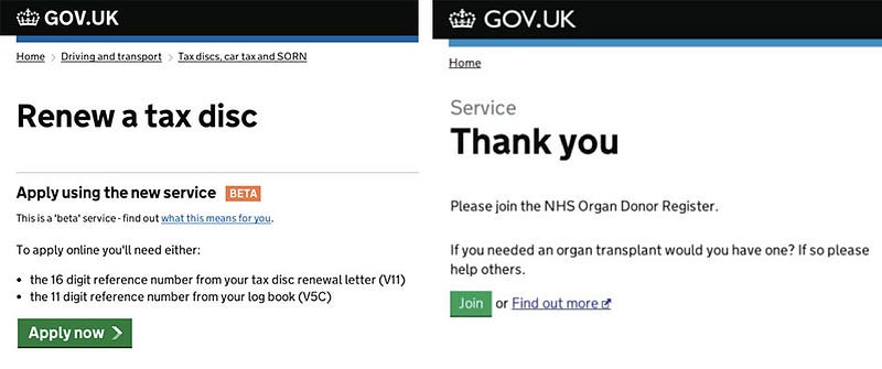GOV.UK tax disc renewal and thank-you page with an organ donor prompt